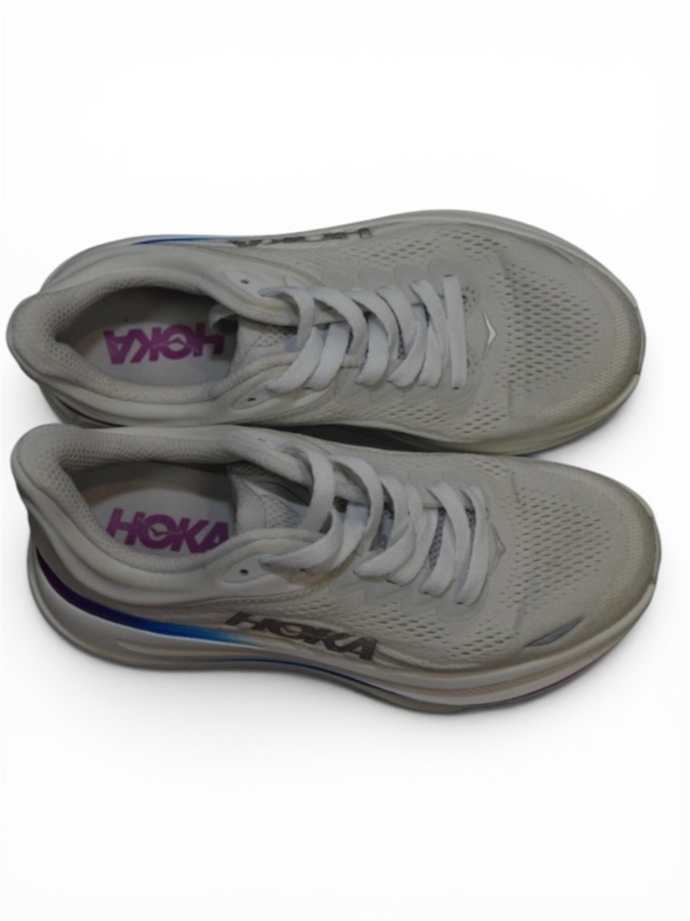 Hoka Women's White Running Shoes with Blue and Purple Sole Accents - Picture 4 of 7